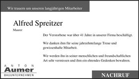 Traueranzeige Alfred Spreitzer