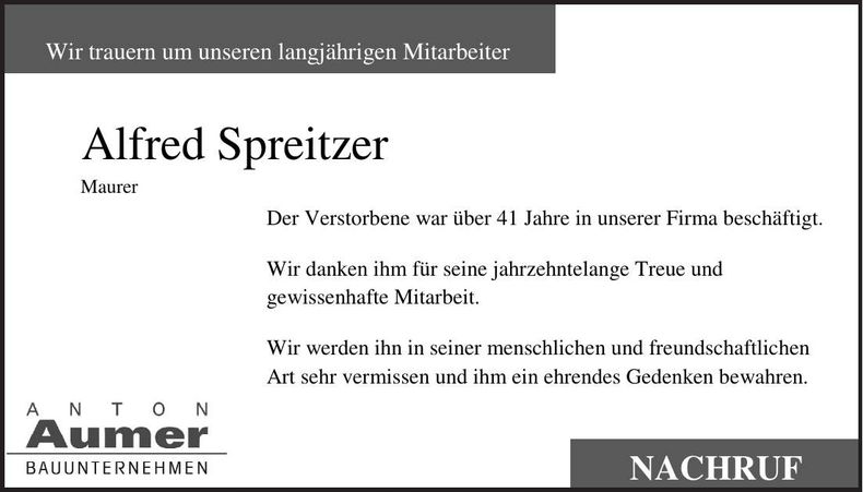Traueranzeige Alfred Spreitzer