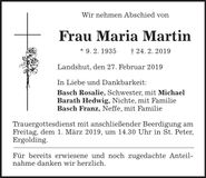 Traueranzeige Maria Martin