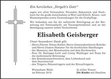 Traueranzeige Elisabeth Geisberger