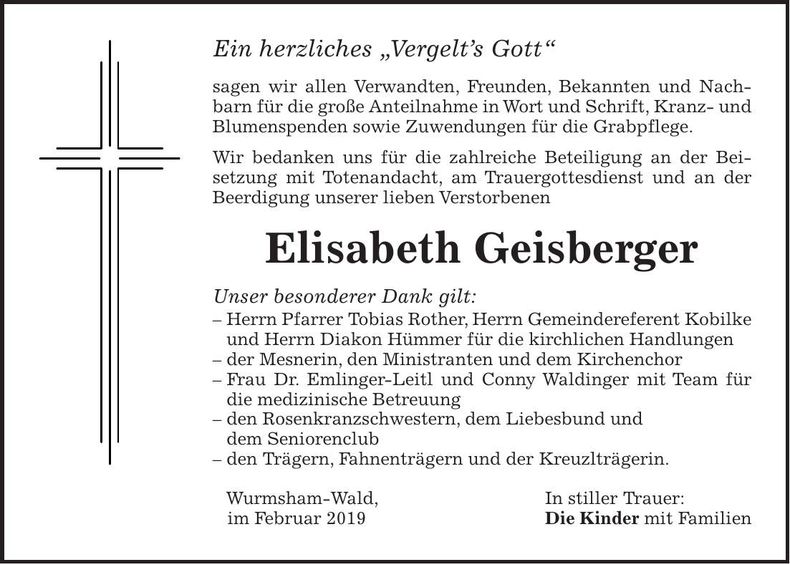 Traueranzeige Elisabeth Geisberger