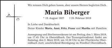 Traueranzeige Maria Biberger