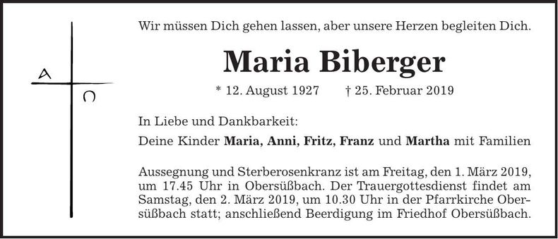 Traueranzeige Maria Biberger