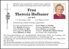 Traueranzeige Theresia Hofbauer