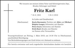 Traueranzeige Fritz Karl