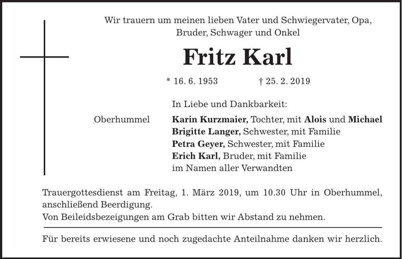 Traueranzeige Fritz Karl