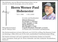Traueranzeige Werner Paul Hohenester