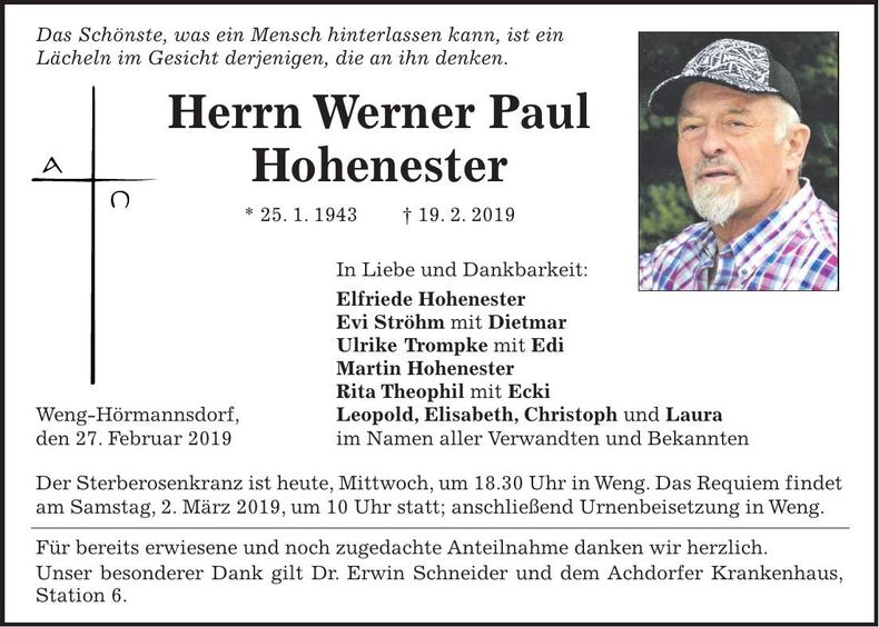 Traueranzeige Werner Paul Hohenester