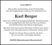 Traueranzeige Kalr Berger