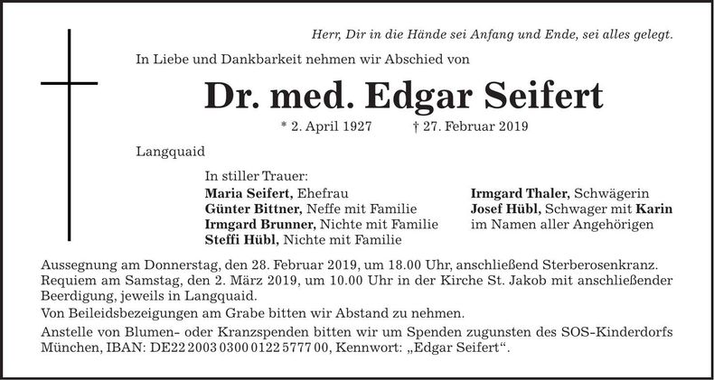 Traueranzeige Edgar Dr. med. Seifert