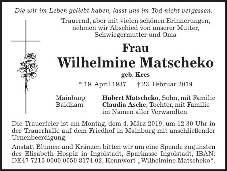 Traueranzeige Wilhelmine Matscheko