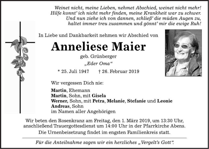Traueranzeige Anneliese Maier