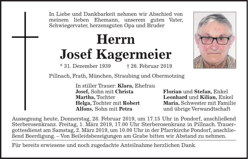 Traueranzeige Josef Kagermeier