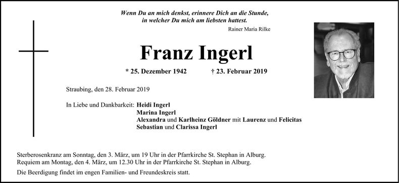 Traueranzeige Franz Ingerl