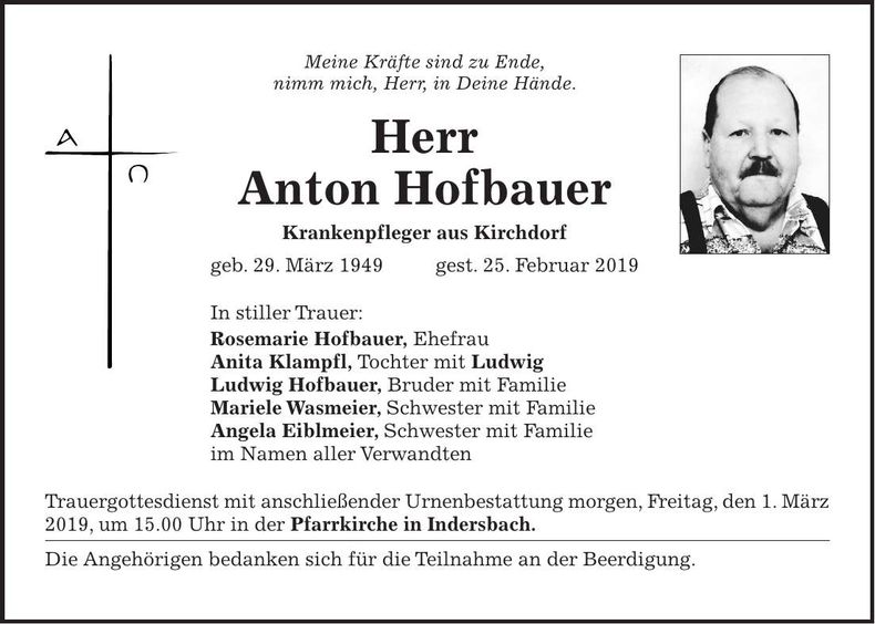 Traueranzeige Anton Hofbauer