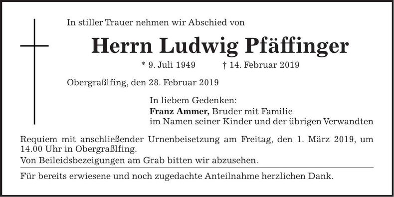 Traueranzeige Ludwig Pfäffinger