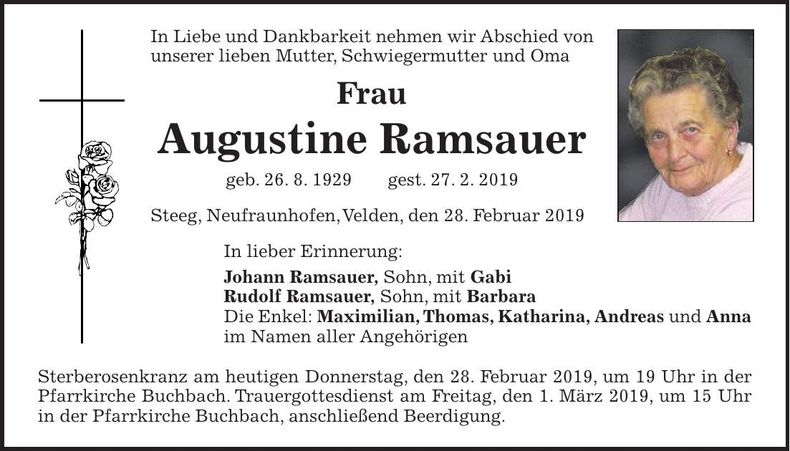 Traueranzeige Augustine Ramsauer