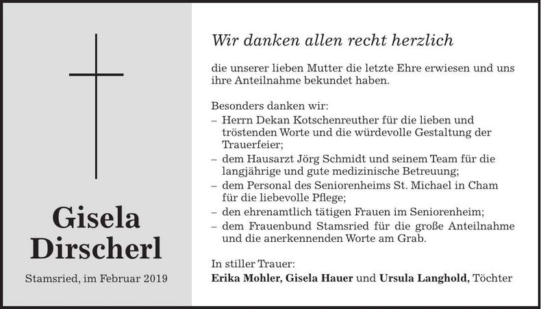 Traueranzeige Gisela Dirscherl