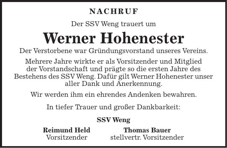 Traueranzeige Werner Hohenester