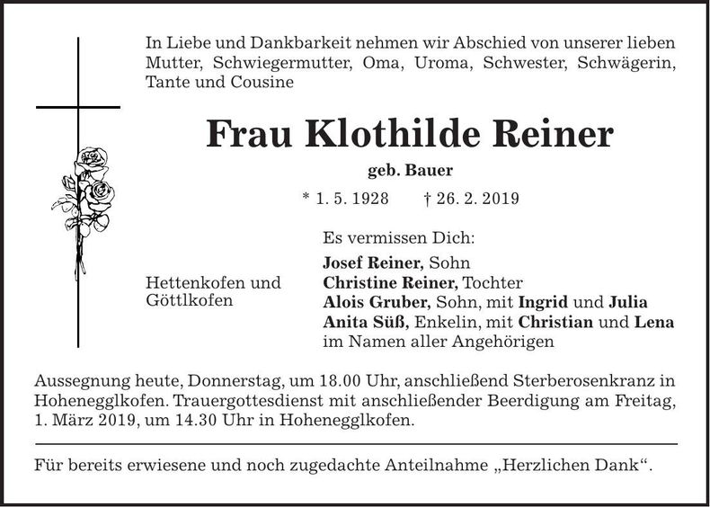 Traueranzeige Klothilde Reiner