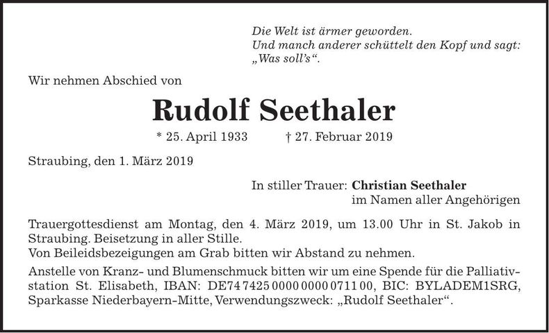 Traueranzeige Rudolf Seethaler