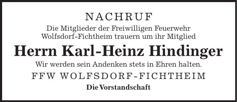 Traueranzeige Karl-Heinz Hindinger