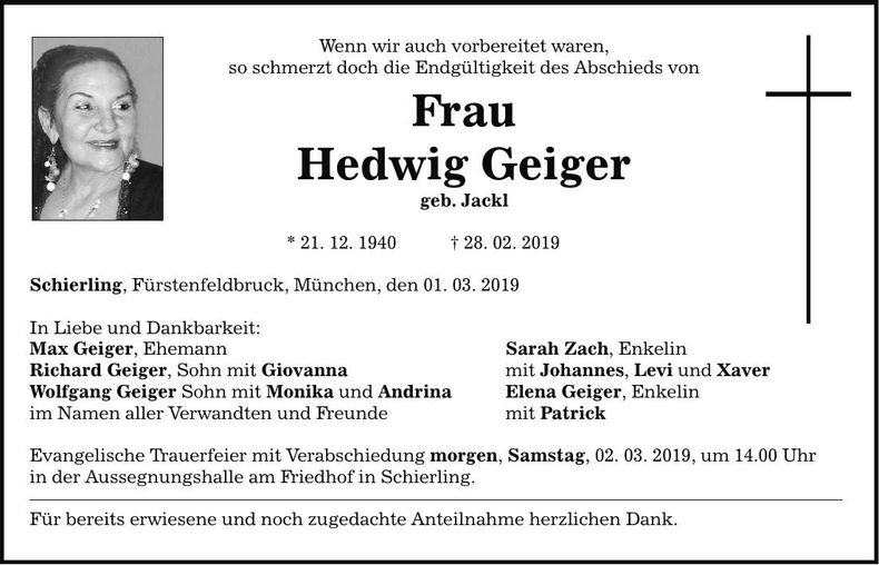 Traueranzeige Hedwig Geiger