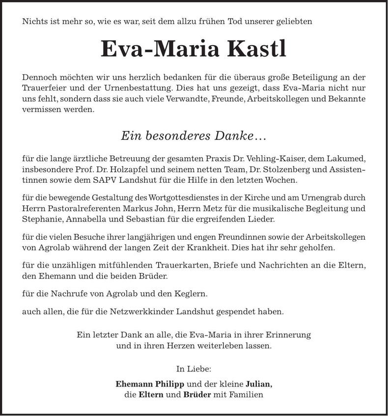 Traueranzeige Eva-Maria Kastl