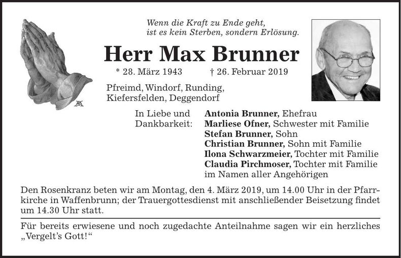 Traueranzeige Max Brunner