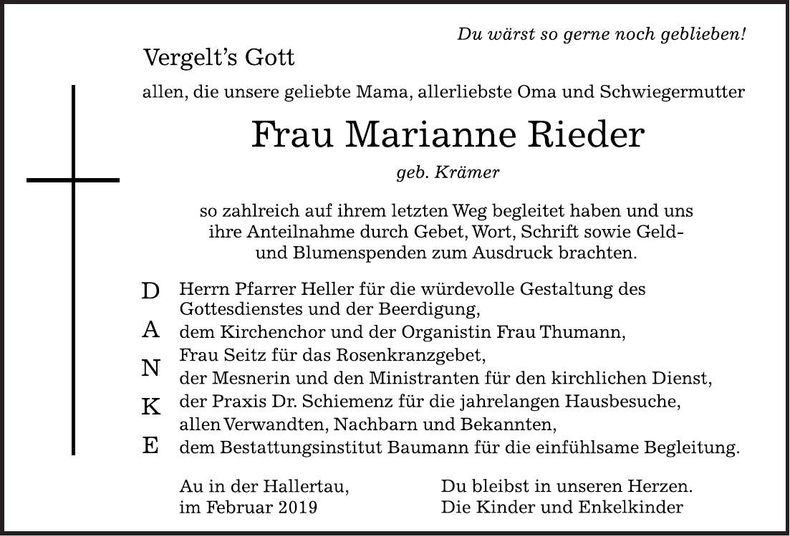 Traueranzeige Marianne Rieder