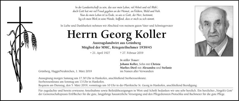 Traueranzeige Georg Koller