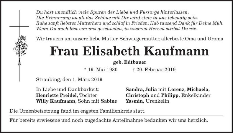 Traueranzeige Elisabeth Kaufmann