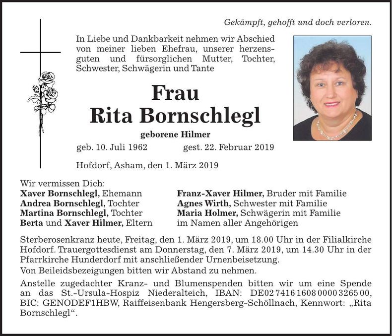 Traueranzeige Rita Bornschlegl