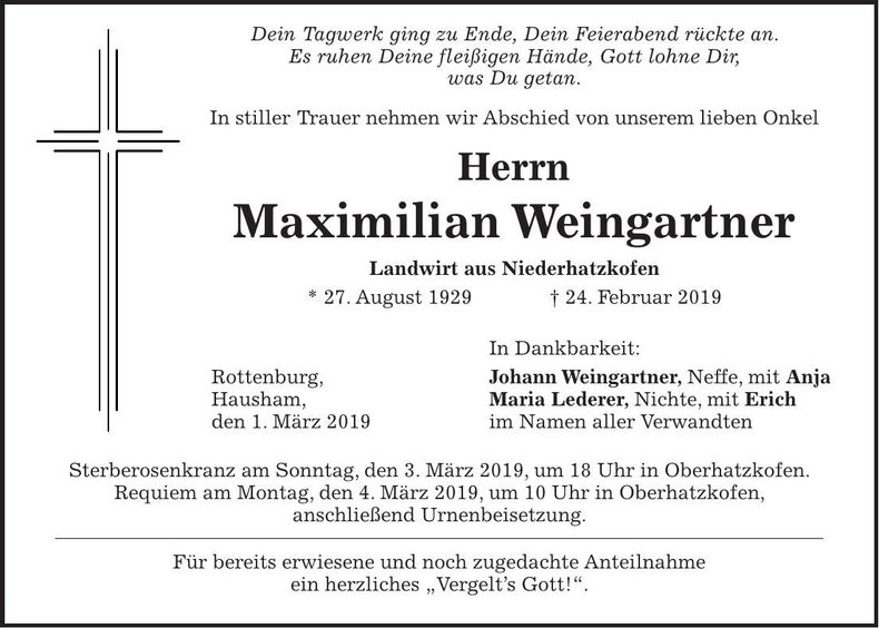 Traueranzeige Maximilian Weingartner
