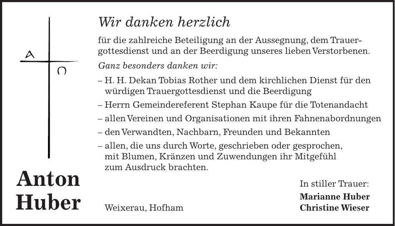 Traueranzeige Anton Huber
