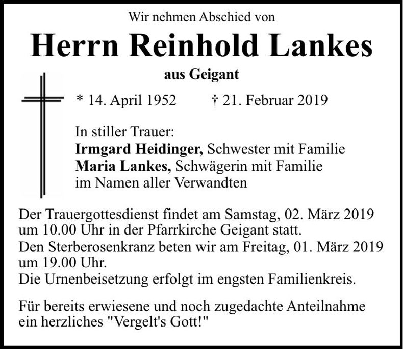 Traueranzeige Reinhold Lankes