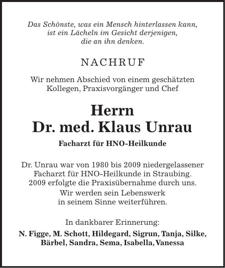 Traueranzeige Klaus Dr. med Unrau