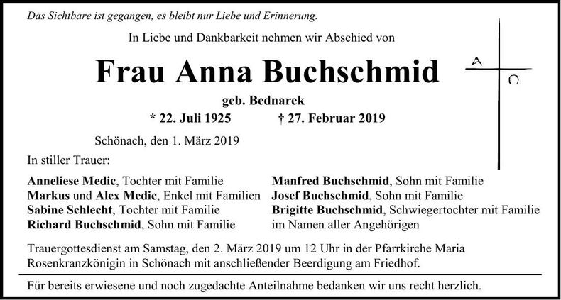 Traueranzeige Anna Buchschmid