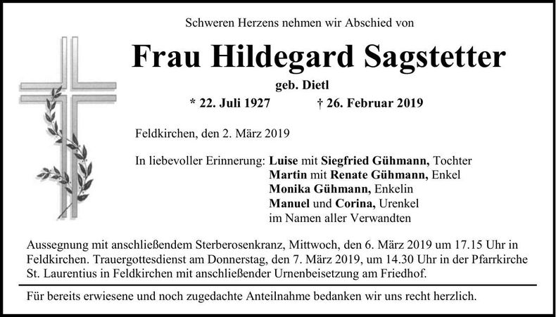 Traueranzeige Hildegard Sagstetter