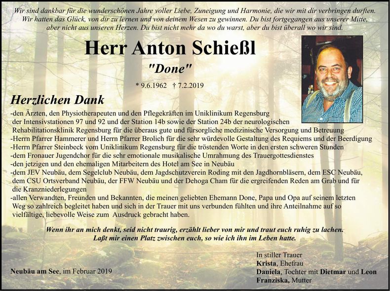 Traueranzeige Anton Schießl
