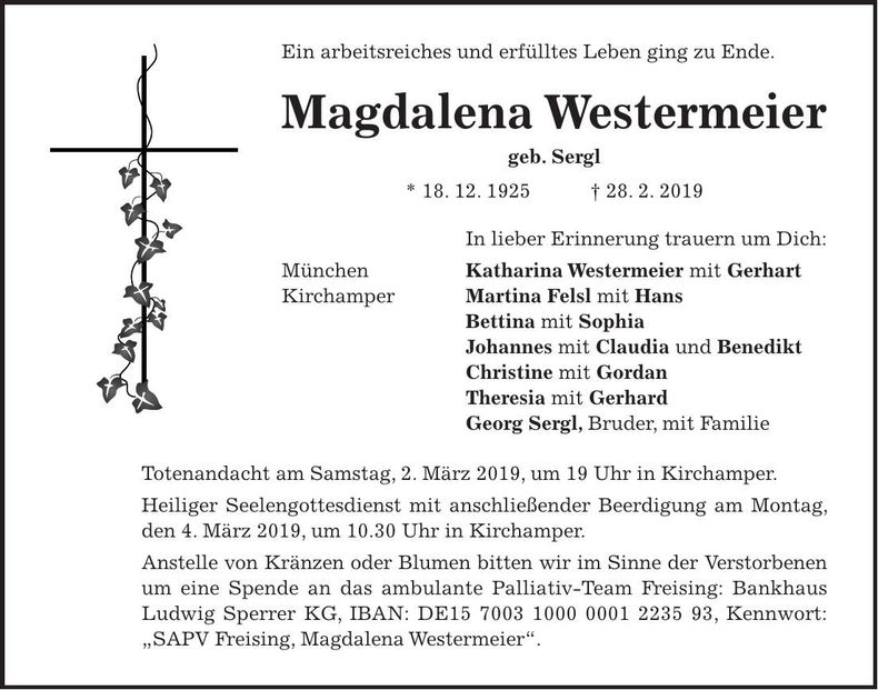 Traueranzeige Magdalena Westermeier