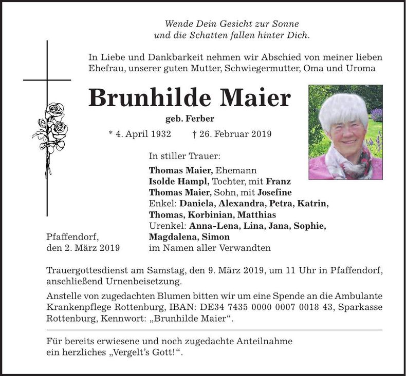Traueranzeige Brunhilde Maier