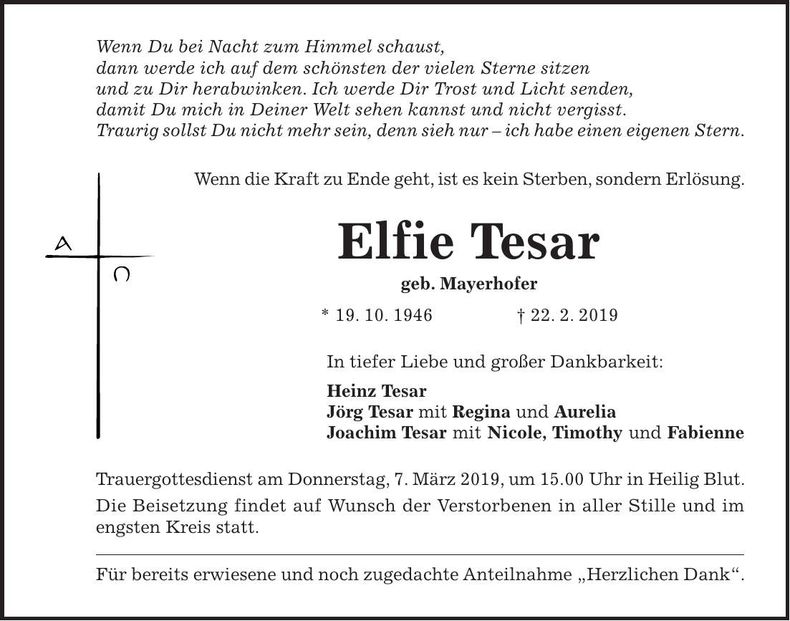 Traueranzeige Elfie Tesar