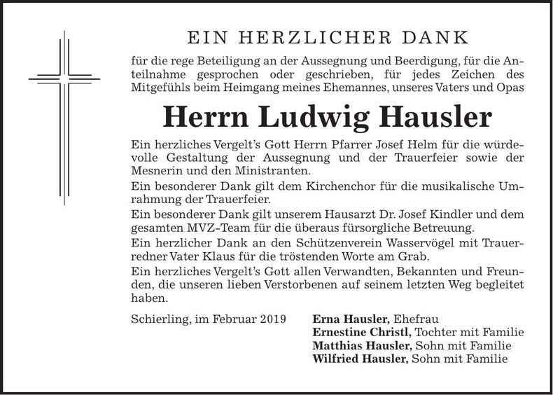 Traueranzeige Ludwig Hausler