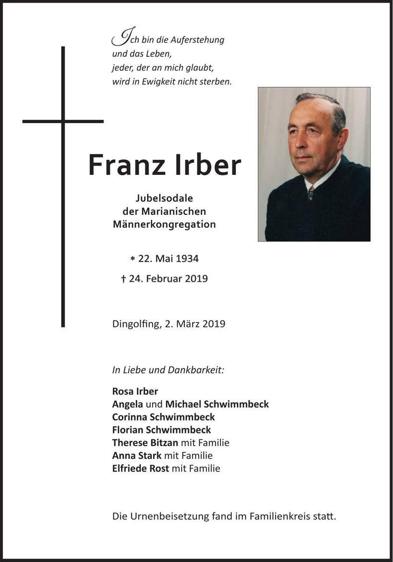 Traueranzeige Franz Irber