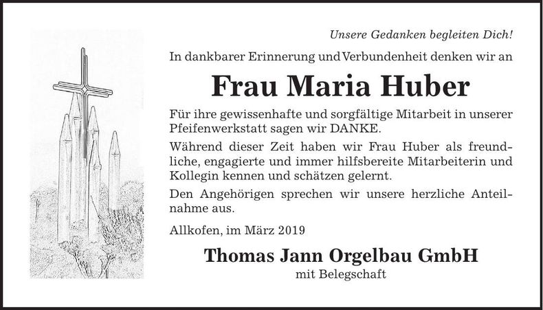 Traueranzeige Maria Huber