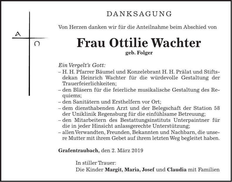 Traueranzeige Ottilie Wachter