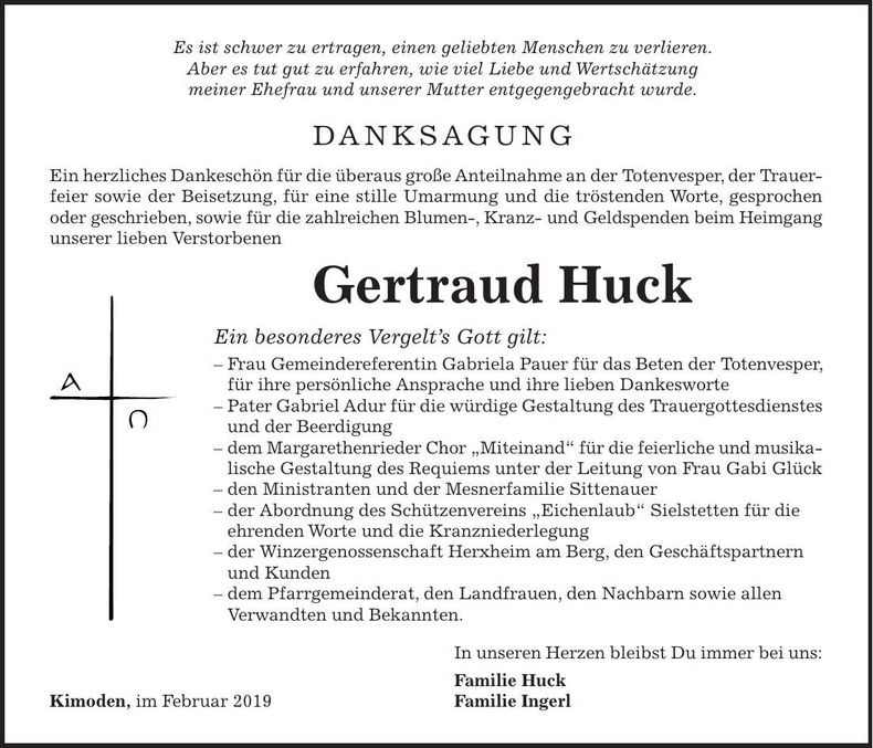 Traueranzeige Gertraud Huck