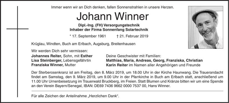 Traueranzeige Johann Winner