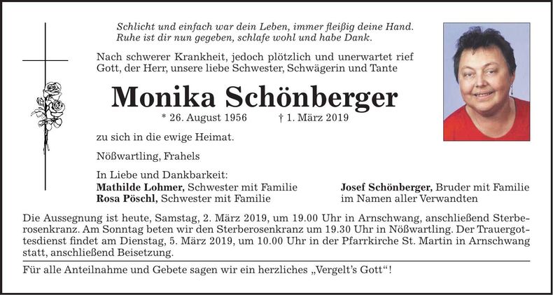 Traueranzeige Monika Schönberger